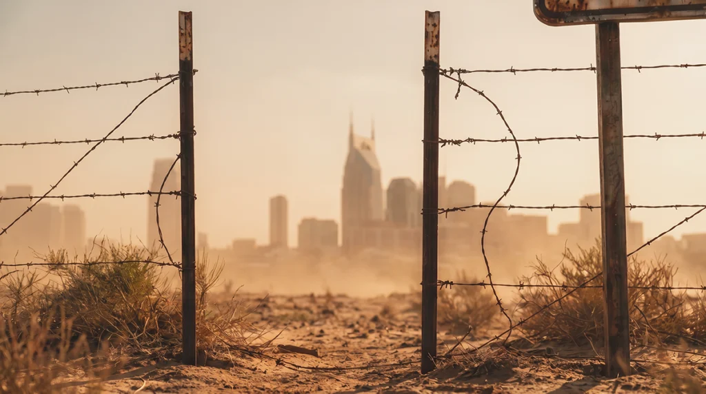The view of the dystopian Nashville from the barbed wire fence